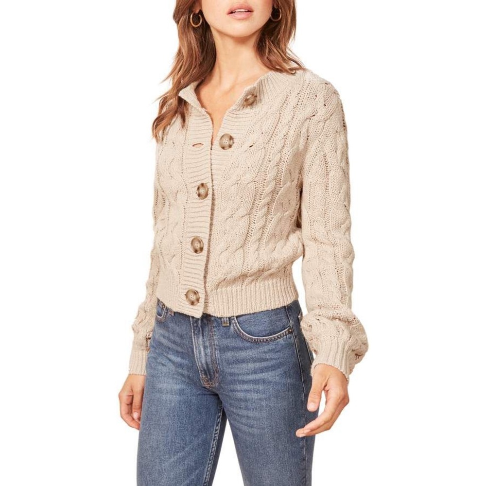 Reformation Annie Beige Cable Knit Button Cardigan